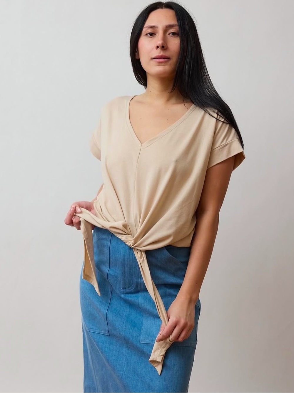 Free Label Tie Front Penny Tee in Beige